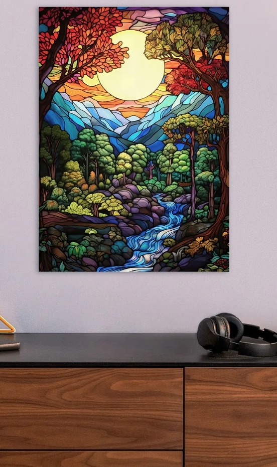 Stained Glass Landscape with River — metal poster wall art by Lineer